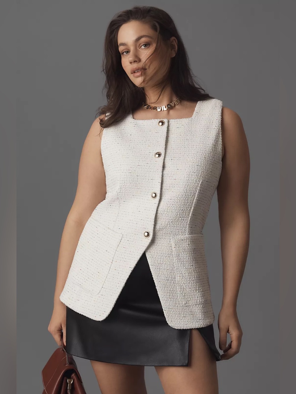 Maeve Square-Neck Tweed Vest White Sleeveless Textured Top